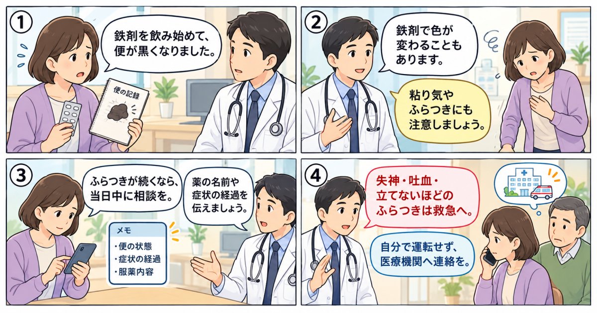 鉄剤を飲んで黒い便とふらつきが続くとき｜出血の疑いと受診目安